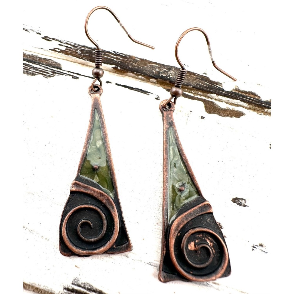 Copper Alloy‎ Earrings Sage Green Enamel Triangle Dangles Boho NEW